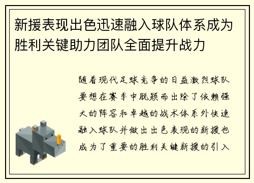 新援表现出色迅速融入球队体系成为胜利关键助力团队全面提升战力