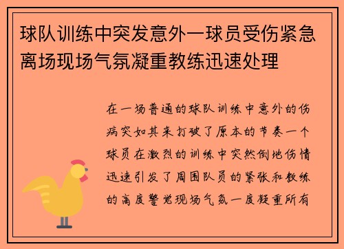 球队训练中突发意外一球员受伤紧急离场现场气氛凝重教练迅速处理