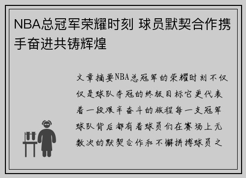 NBA总冠军荣耀时刻 球员默契合作携手奋进共铸辉煌